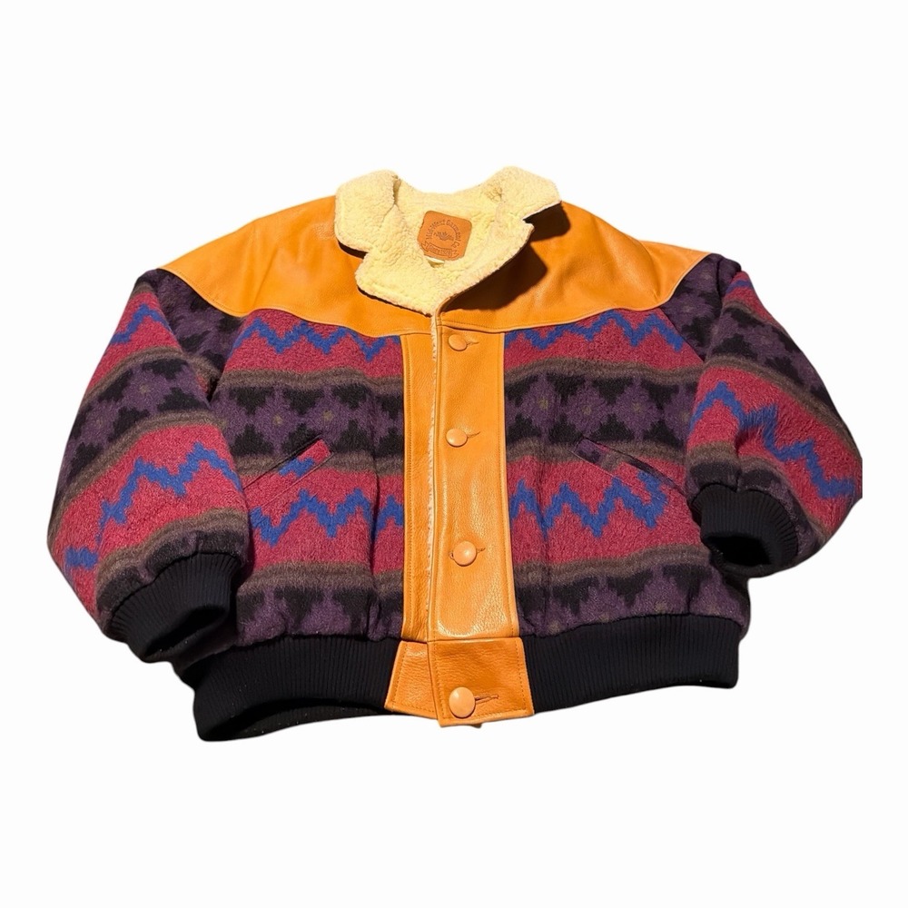 Vtg Mid-west Garment Co Aztec Leather Wool Blend Sherpa Bomber Jacket Womens XL